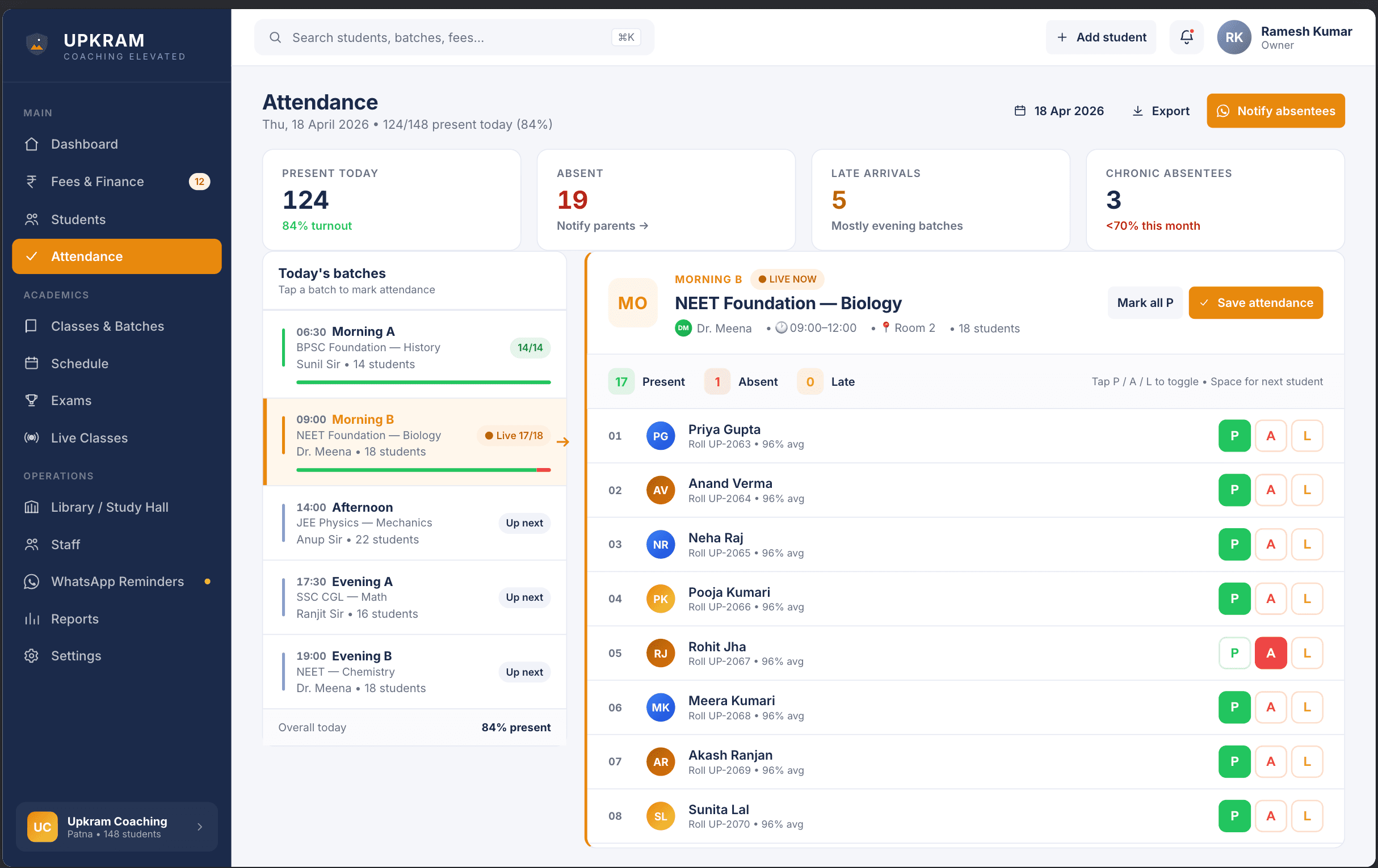 Attendance — Batch-wise marking in 60 seconds, trends auto-generated