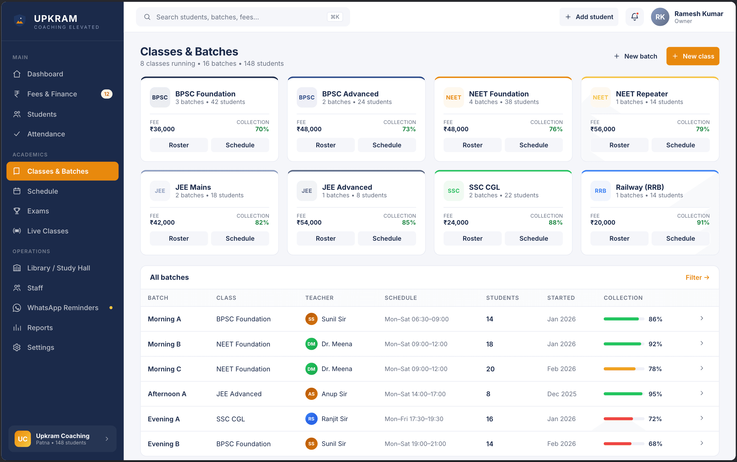 Classes & Timetable — Live classes, scheduled sessions, notes in one view
