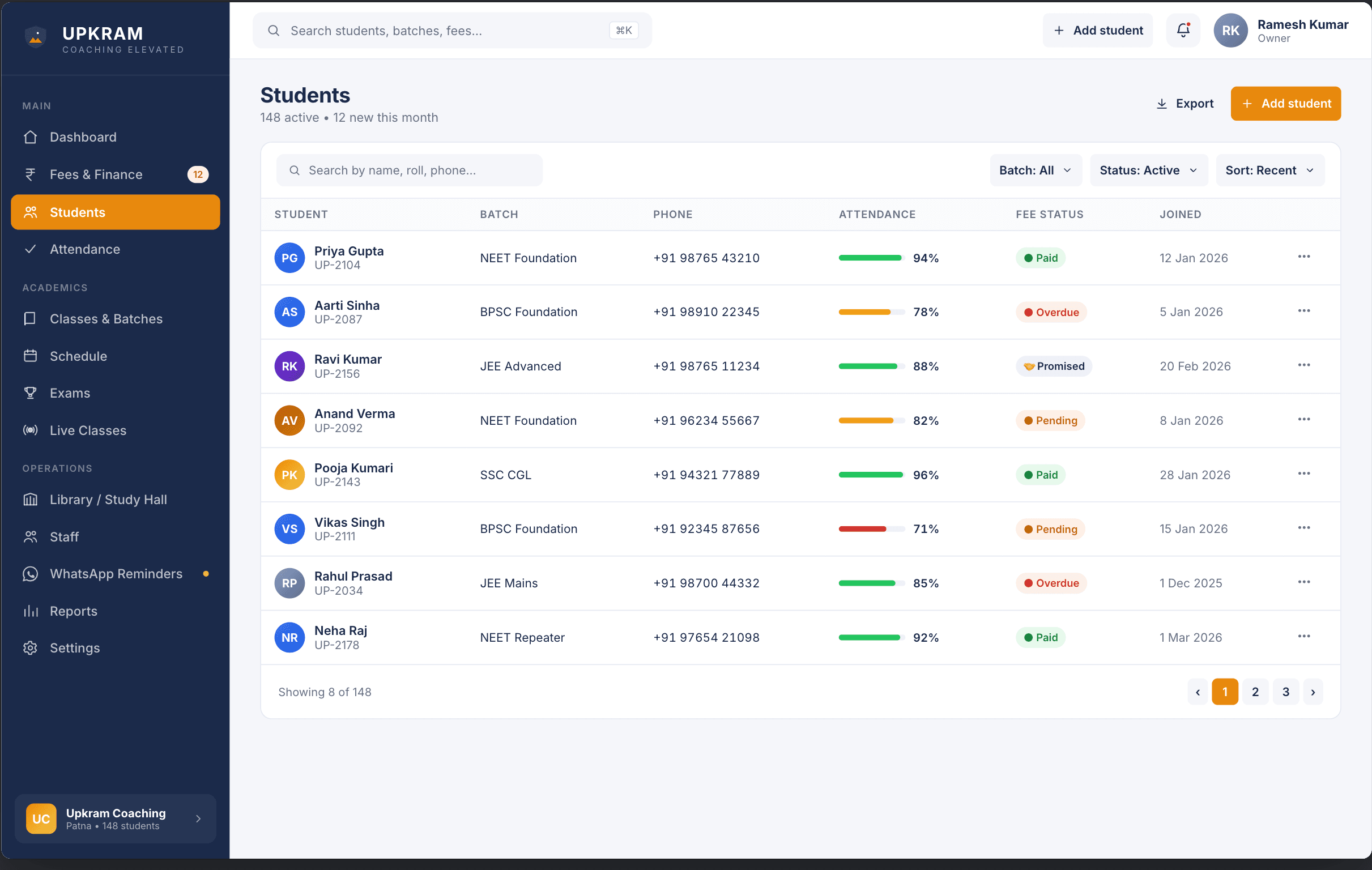 Upkram student management view